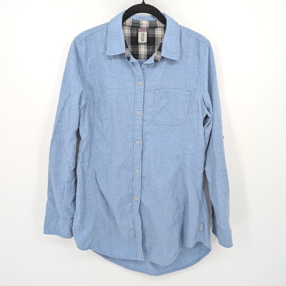 Stio Button Down Flannel Shirt Womens Medium Blue Cotton Long Sleeve Outdoor
